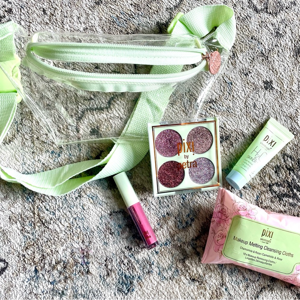 PIXI Bundle w/ Clear Fanny Pack, Eye Quad, Lip Gloss, cleansing cloth & gel
